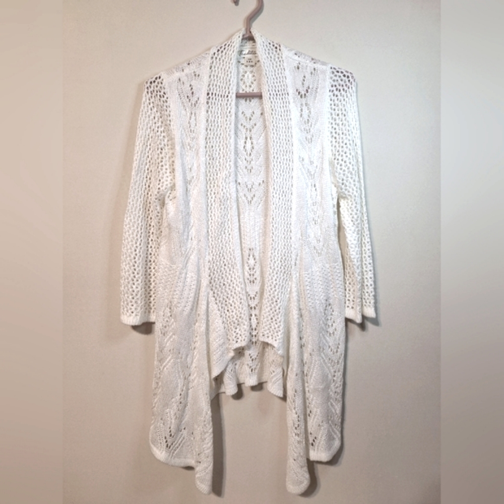 Tradition small 6/8 white eyelet lace knit boho waterfall cardigan